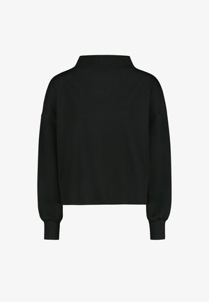 Czarny pulower z długim rękawem, wysokim kołnierzem, ściągaczami przy mankietach i prostym dołem, pokazany od tyłu na białym tle.