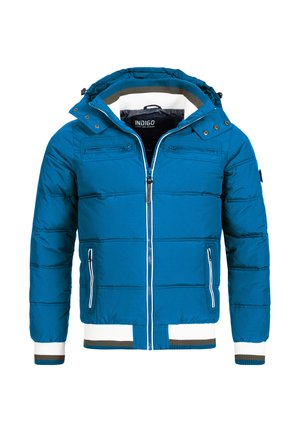 Teal puffer jacket with a hood, white and dark green striped cuffs, front zip closure, and two zippered chest pockets.