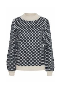 Maglione navy e crema con motivo a rombi, colletto a girocollo e polsini a coste. Realizzato in materiale morbido, presenta una vestibilità rilassata e dettagli testurizzati.