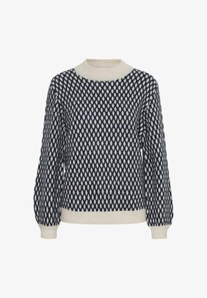 Mornarski plavi i kremasti pulover s dijamantnim uzorkom, rebrastim okruglim izrezom i manžetama. Izrađen od mekanog materijala, s opuštenim krojem i teksturiranim detaljima.