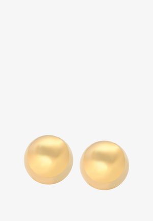 Aranyszínű, gömb alakú fülbevalók sima, fényes felülettel. A design klasszikus, minimalista formával rendelkezik, további kiegészítők nélkül.