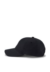 Cappellino da baseball nero con visiera curva, cinturino regolabile e accenti ricamati sottili. Il tessuto è liscio con un design di un solo colore.