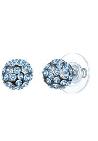 Pendientes redondos con bases de plata adornados con cristales azul claro en un patrón parecido a burbujas. Con respaldos transparentes para un uso seguro.