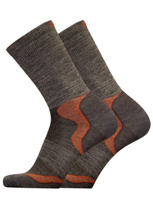 Gray socks with orange accents. Ribbed top, reinforced heel and toe. Textured pattern on the footbed for enhanced grip and comfort.