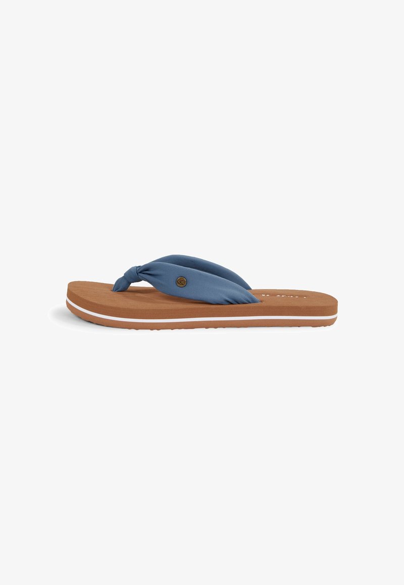 Blue fabric thong sandal with twisted straps, brown rubber sole, white accent line, and textured footbed. Suitable for casual wear.