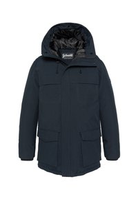Marineblauwe geïsoleerde parka met capuchon, ritssluiting en twee grote voorzakken. Gestructureerde stof met een gladde zwarte voering.