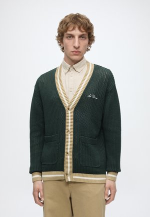 Jeune homme portant un cardigan en maille vert foncé avec des bordures beige et blanche par-dessus une chemise beige à boutons, debout devant un fond blanc uni.