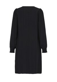 Robe noire avec manches longues bouffantes, poignets smockés, coupe décontractée et encolure simple. Confectionnée en tissu léger à texture subtile.