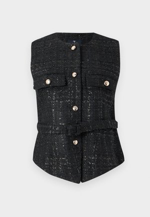 Gilet in tweed nero con scollo rotondo, chiusura con cinque bottoni dorati, due tasche sul petto e design con cintura in vita. Superficie strutturata con effetto lucido.