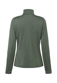 Haut à manches longues, vert olive, côtelé avec col montant, vu de dos, silhouette ajustée et ourlet légèrement incurvé.