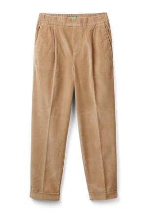 Pantaloni in corduroy beige con vita elastica, tasche laterali e orli con risvolto, adagiati su uno sfondo bianco.