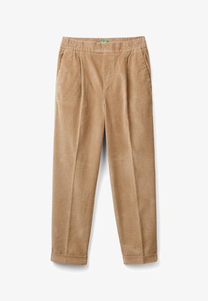 Beige Cord-Hosen mit elastischem Bund, seitlichen Taschen und umgeschlagenen Säumen, flach auf einem weißen Hintergrund ausgelegt.