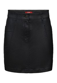 Mini-jupe noire taille haute avec poches avant, passants de ceinture, fermeture par bouton et détails de coutures visibles.