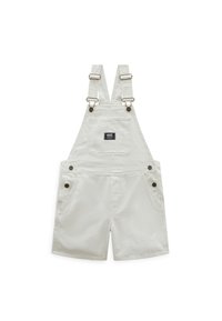 Witte denim tuinbroek met verstelbare banden, een voorkantzak en zijknopen. Korte snit met een gladde textuur en een minimalistisch ontwerp.