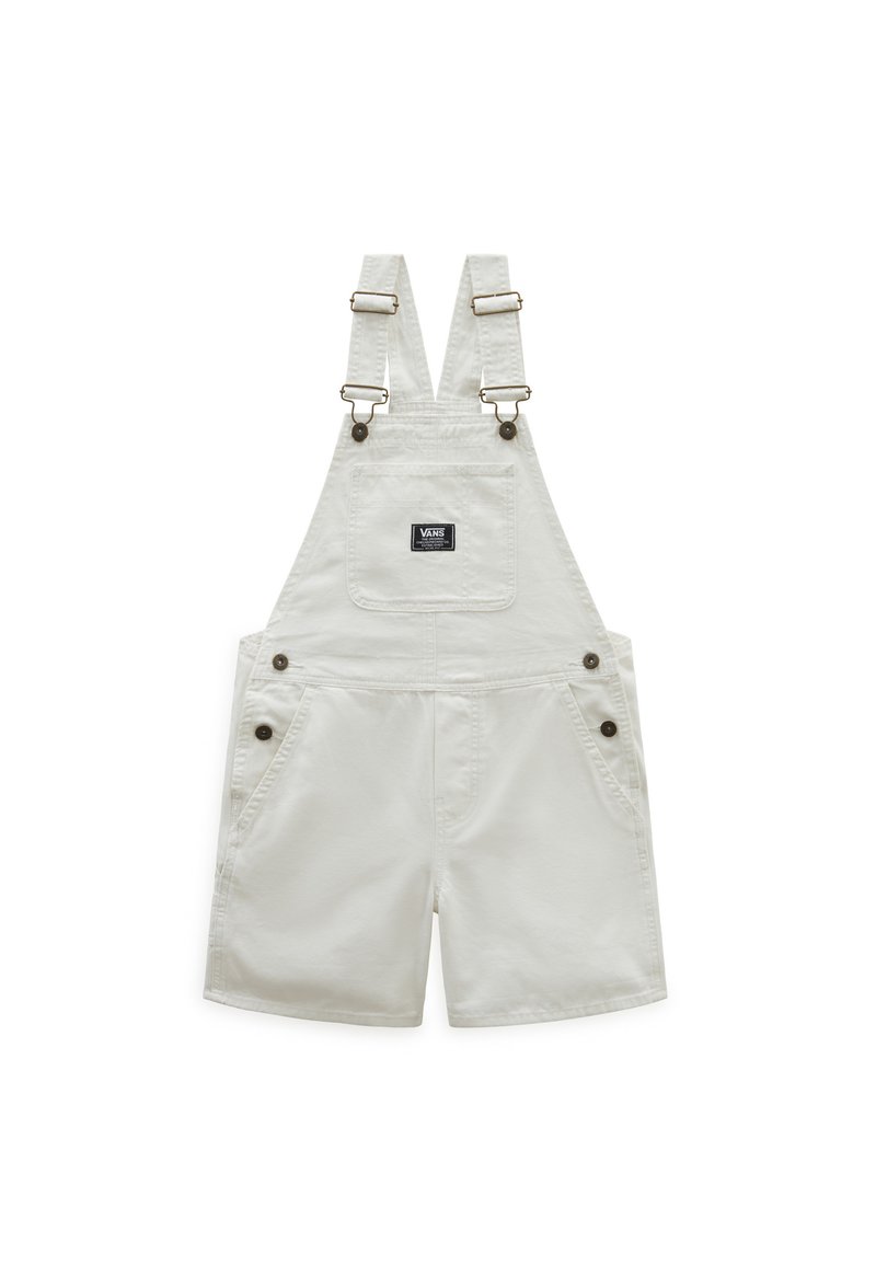 Witte denim tuinbroek met verstelbare banden, een voorkantzak en zijknopen. Korte snit met een gladde textuur en een minimalistisch ontwerp.