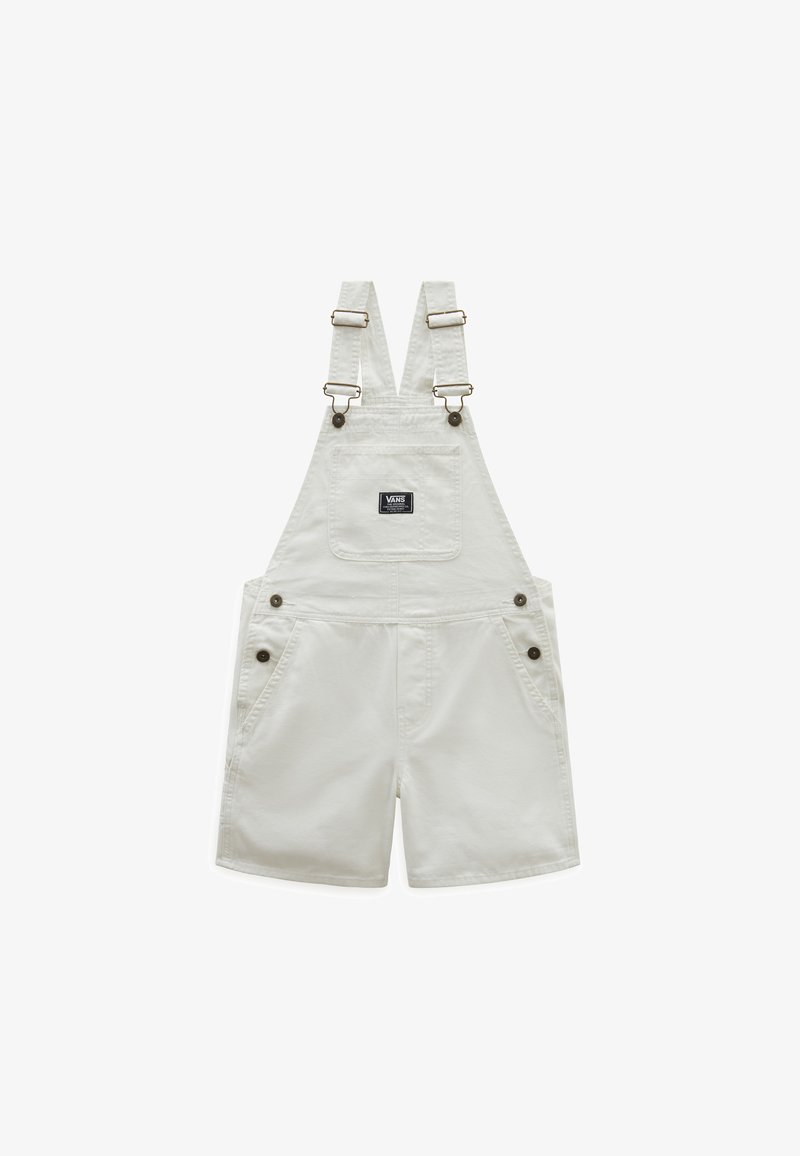 Witte denim tuinbroek met verstelbare banden, een voorkantzak en zijknopen. Korte snit met een gladde textuur en een minimalistisch ontwerp.