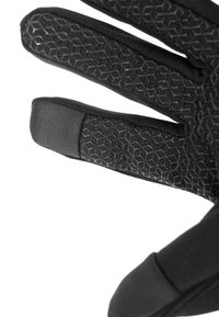 Sorte handsker med struktureret sekskantet greb på fingerspidserne. Blødt stofmanchet og forstærket syning. Design med delvis håndflade dækning.