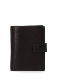 Dunkelbraune Lederbörse mit strukturiertem Finish, ausgestattet mit einem Klappenverschluss und geprägtem "VENEZIA"-Logo auf der Vorderseite. Kompaktes und rechteckiges Design.