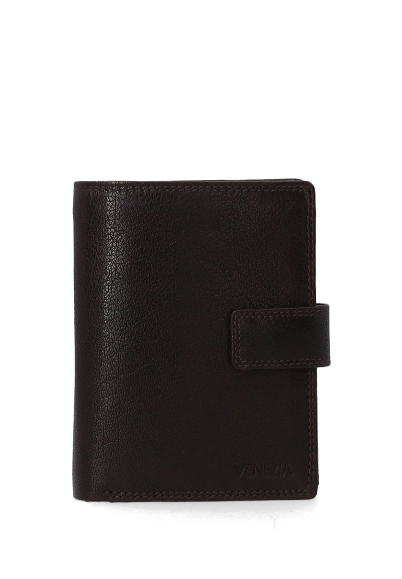 Dunkelbraune Lederbörse mit strukturiertem Finish, ausgestattet mit einem Klappenverschluss und geprägtem "VENEZIA"-Logo auf der Vorderseite. Kompaktes und rechteckiges Design.