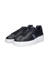 Black leather sneakers featuring a textured finish, white rubber sole, and white stripes on the sides. Laced design with round toe.