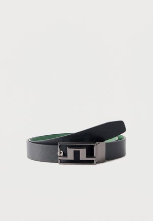 Black textured leather belt with a rectangular silver buckle featuring a black geometric design, shown coiled on a white background.