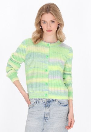 Lichtgroene cardigan met een geribde textuur en meerkleurige strepen in pasteltinten. Voorzien van een ronde hals en groene knopen.
