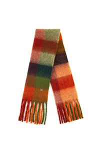 Kolorowy szal w kratę, z czerwonym, zielonym, pomarańczowym i brązowym odcieniem. Wykonany z miękkiego materiału z frędzlami na krawędziach.