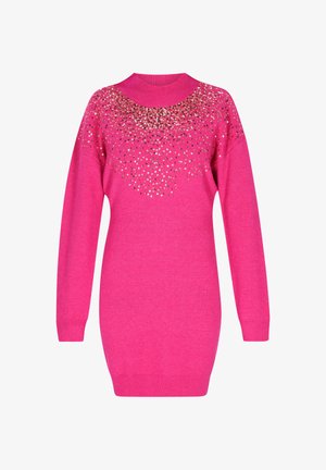 Fuchsia trui jurk met een geribde kraag en lange mouwen, versierd met gouden pailletten in een verlooppatroon op het lijfje.