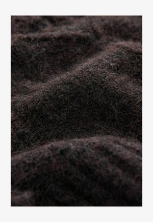 Dark brown, textured wool fabric with a fuzzy surface, featuring uneven wavy patterns and loose fibers for a soft appearance.