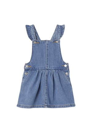 Robe salopette en jean pour tout-petits avec bretelles à volants, poches avant, fermetures à boutons métalliques et jupe froncée.