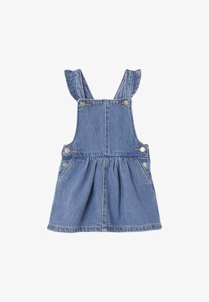 Dżinsowa sukienka ogrodniczka dla małych dzieci z falbankami na ramiączkach, przednimi kieszeniami, metalowymi guziczkami i marszczonym dołem spódnicy.