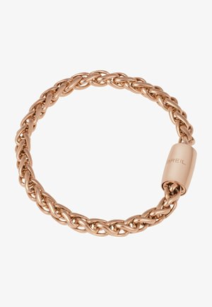 Armband aus roségoldfarbenem Metall mit ineinander verwobenen Gliedern und einem polierten Verschluss, der den Markennamen "BREIL" zeigt. Glatte, glänzende Metalloberfläche.