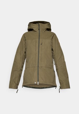 Khaki waterproof jacket with a hood, full front zipper, two zippered pockets, adjustable cuffs, and a soft interior lining.