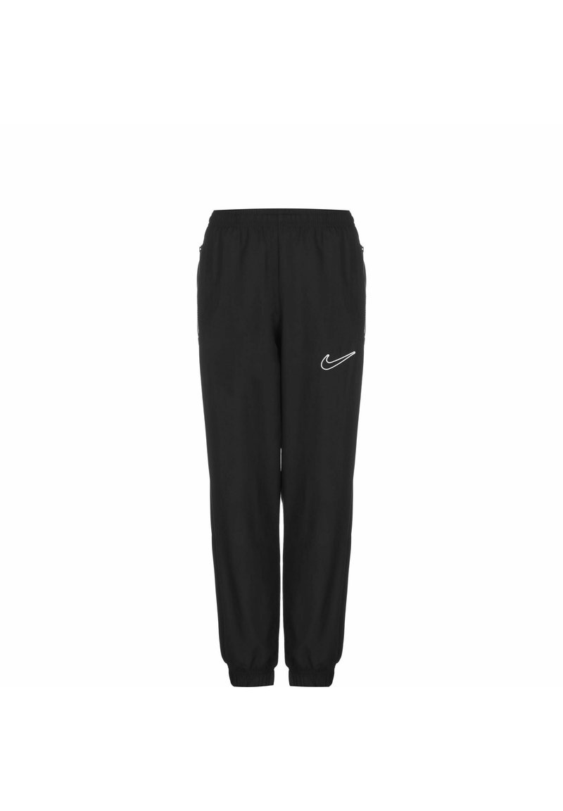 Sorte træningsbukser med elastisk talje og cuffs. Har et hvidt Nike-logo på venstre lår. Lavet af et let materiale.
