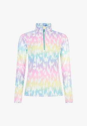Long-sleeve zip-up top with high collar. Features a pastel gradient tie-dye pattern in pink, blue, and yellow tones. Made from lightweight fabric.