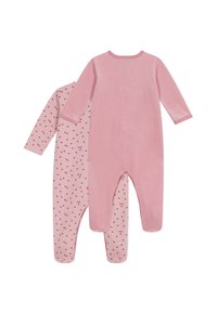 Due tute da neonato rosa, una in tinta unita e l'altra con un piccolo motivo a pois a forma di cuore rosso, in tessuto morbido, con maniche lunghe, design con i piedi, colletto rotondo.