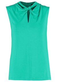 Top sans manches vert en tissu doux, avec un détail de nœud torsadé au niveau du col et une découpe verticale. Texture lisse, design décontracté.