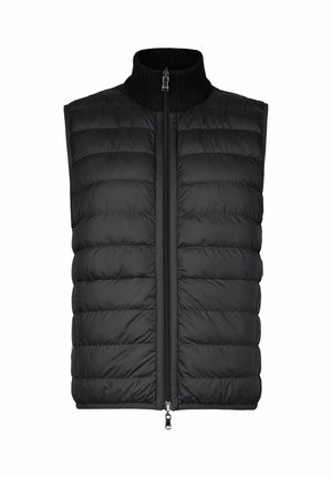 Doudoune sans manches matelassée noire avec un col montant côtelé et une fermeture zippée bidirectionnelle à l'avant.