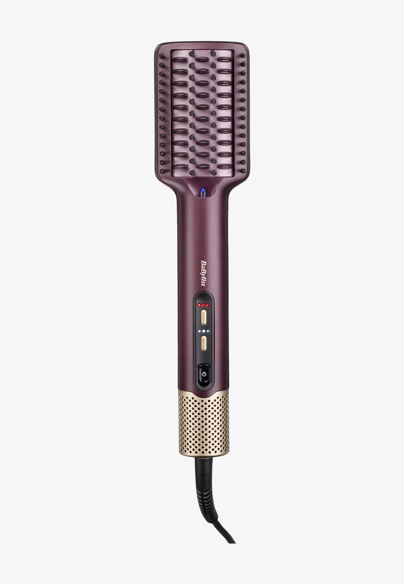 Asciugacapelli a forma di spazzola con un corpo di colore viola intenso, setole testurizzate, una base in rete dorata e pulsanti di controllo con luci indicatori.