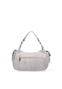 Borsa a tracolla in suede grigio con forma arrotondata, dettagli in metallo dorato sulla cerniera e una sola tracolla con accessori dorati.