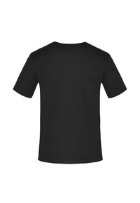 Schwarzes Baumwoll-T-Shirt mit kurzen Ärmeln und rundem Ausschnitt. Einfaches Design, glatte Textur, keine sichtbaren Muster oder Logos.