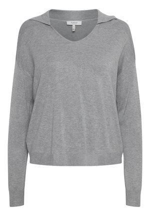 Light gray, loose-fitting sweater with a V-neck and subtle shoulder accents. Soft texture and ribbed cuffs, featuring relaxed long sleeves.