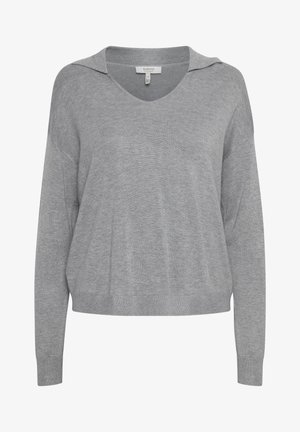 Hellgrauer, locker sitzender Pullover mit V-Ausschnitt und subtilen Schulterakzenten. Weicher Stoff und gerippte Bündchen, ausgestattet mit lässigen langen Ärmeln.