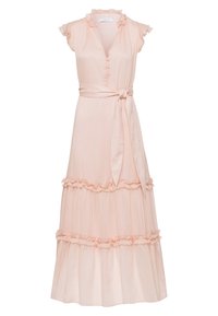 Vestido de un rosa pálido, hasta la rodilla, con mangas abullonadas, un profundo escote en V, cierre de botones en la parte delantera y un cinturón de lazo en la cintura; textura plisada y dobladillo con volantes.