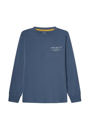 Långärmad marinblå t-shirt i bomull med rund halsringning, har en vit logotyp på bröstet och sydda fålldetaljer.