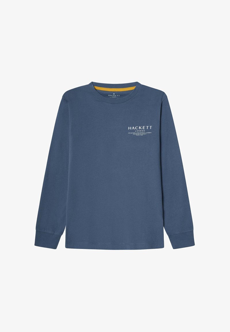 Langärmliges T-Shirt in Marineblau aus Baumwolle mit Rundhalsausschnitt, versehen mit einem weißen Logo auf der Brust und genähten Saumdetails.