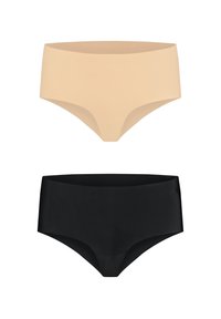 Beige en zwarte hoge taille onderbroek, gemaakt van een gladde stof, met een naadloos ontwerp en zachte randen voor comfort.