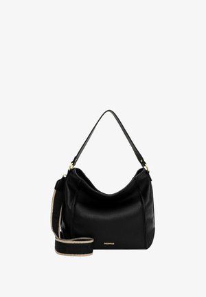 Schwarze Hobo-Tasche aus Leder mit weicher Textur, ausgestattet mit einer geschwungenen Oberseite, verstellbarem Riemen und goldfarbenen Metallakzenten.