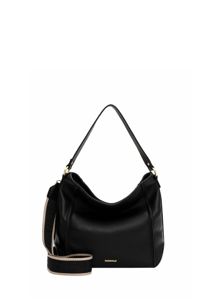 Černá kožená taška hobo s měkkou texturou, vybavená zakřiveným vrškem, nastavitelným popruhem a zlatými kovovými doplňky.