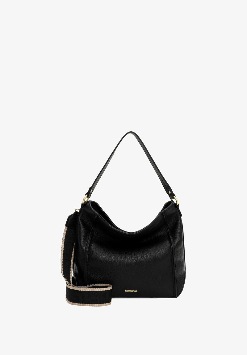 Černá kožená taška hobo s měkkou texturou, vybavená zakřiveným vrškem, nastavitelným popruhem a zlatými kovovými doplňky.